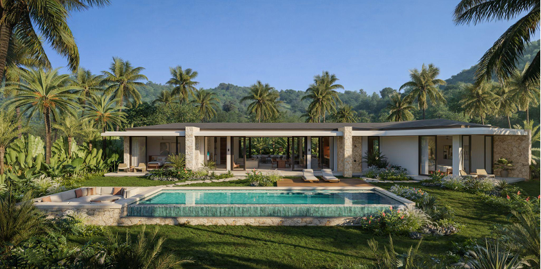 Rendering of a tropical villa and pool planned for Samara Lombok
