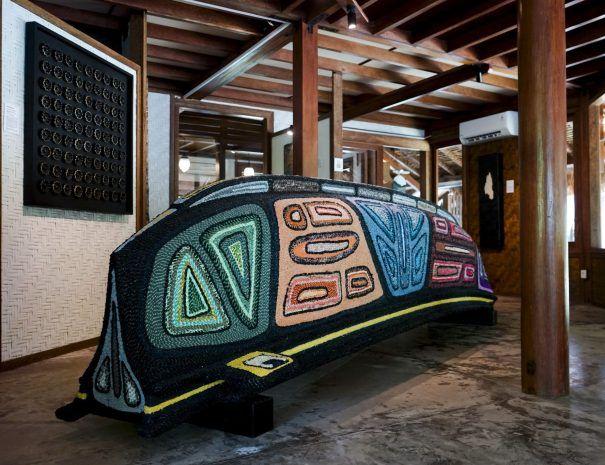 Colourful patterned artwork on display inside Nyaman Gallery at Sempiak Seaside Resort.
